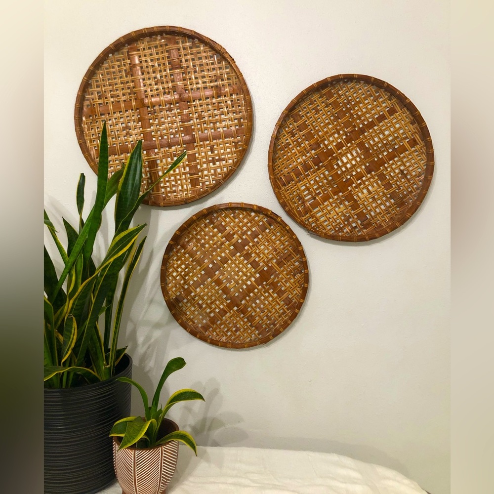 3 Vintage woven bamboo threshing trays.